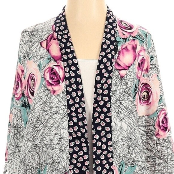 Jealous Tomato Kimono Open Front‎ Cardigan Size S/M Floral Print Contrast Trim - Picture 3 of 7